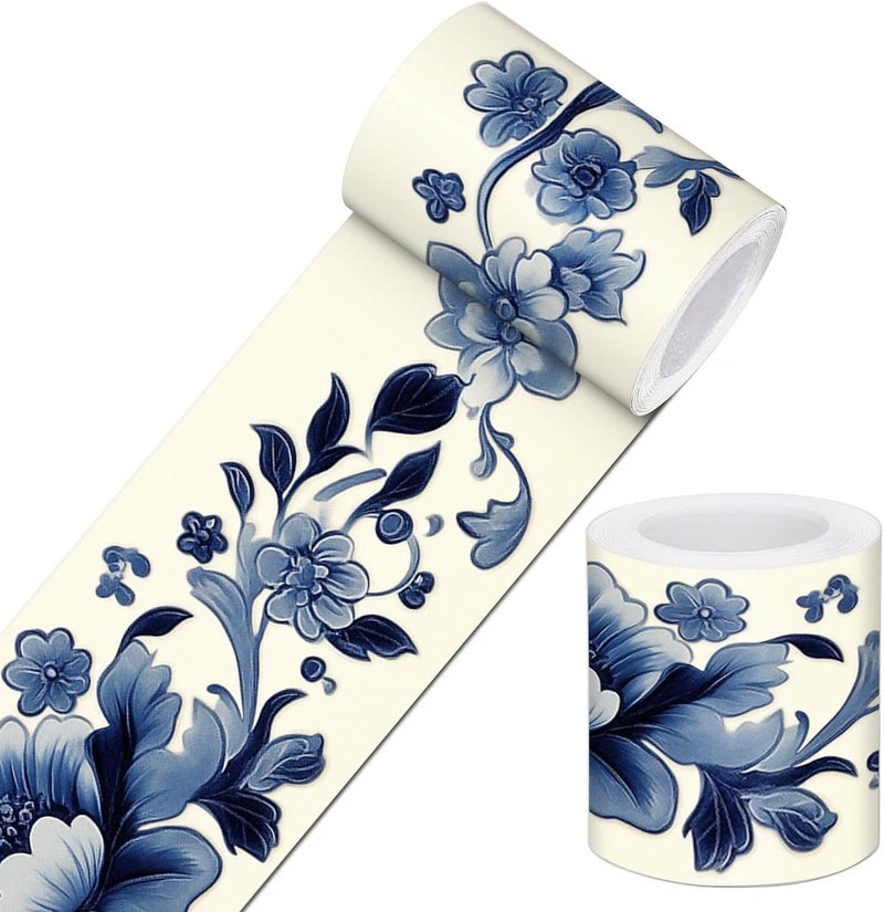 IVN Wallpaper Border Peel and Stick Wall Blue Floral Decorative Wall Trim Self Adhesive Border for Walls Mirror Frame Accent Strip for Bedroom Kitchen LivingRoom 4x196 Inch - Image 1